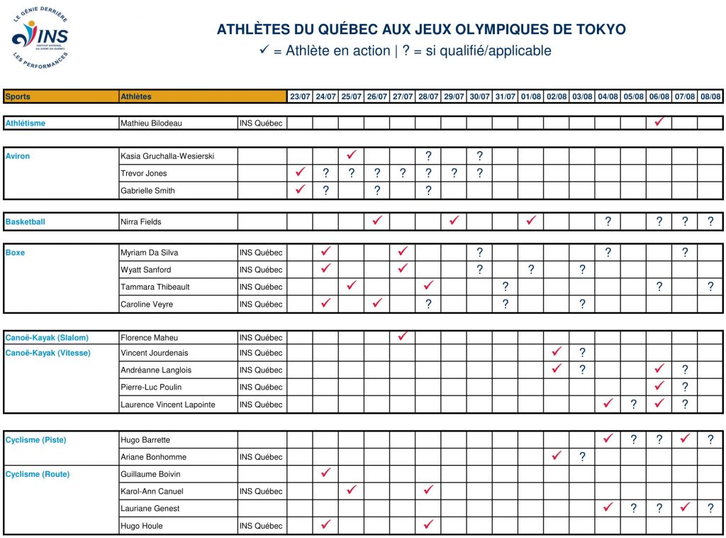 Calendrier des athlètes | Institut national du sport du Québec